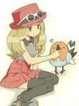  black_legwear blonde_hair blush closed_eyes eyewear_on_head fletchling gen_6_pokemon hat heart long_hair mattaku_mousuke pleated_skirt pokemon pokemon_(creature) pokemon_(game) pokemon_xy serena_(pokemon) sitting skirt sleeveless smile sunglasses thighhighs yellow_eyes 