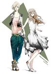  2girls alternate_costume artist_name belt blonde_hair bracelet brown_hair casual character_name closed_eyes cross dated dress engrish full_body jewelry maria-sama_ga_miteru multiple_girls one_eye_closed oorum pants ranguage satou_sei simple_background standing toudou_shimako vest white_dress 