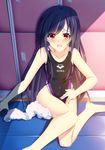  accel_world arena_(company) barefoot black_hair blush competition_swimsuit covered_navel kazeoto_kirito kuroyukihime long_hair one-piece_swimsuit open_mouth orange_eyes red_eyes school_swimsuit solo swimsuit towel 