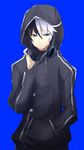  bad_id bad_pixiv_id banned_artist black_hair blue_background blue_eyes hand_in_pocket headphones headphones_around_neck hood hooded_track_jacket hoodie jacket multicolored_hair seth_(under_night_in-birth) track_jacket two-tone_hair under_night_in-birth white_hair yusano 