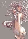  ass bad_id bad_pixiv_id black_legwear blood fangs kuchinawa kuronuko_neero long_hair looking_at_viewer looking_back monogatari_(series) monster_girl nude red_eyes sengoku_nadeko simple_background snake snake_hair solo thighhighs 