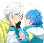  blue_hair clear_(dramatical_murder) dramatical_murder eye_contact gloves hands_on_another's_cheeks hands_on_another's_face looking_at_another mole mosako multiple_boys pink_eyes scarf seragaki_aoba single_glove smile white_hair 