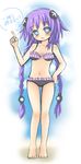  barefoot bikini blue_eyes blush braid breasts greenteaneko hair_ornament hand_on_hip highres index_finger_raised long_hair medium_breasts navel neptune_(series) open_mouth power_symbol purple_hair purple_heart solo standing swimsuit translated twin_braids very_long_hair 