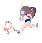  :o ahoge artist_name bee bee_(bee_and_puppycat) bee_and_puppycat bell bug buruma clenched_hands envelope flying_sweatdrops from_side frown insect jingle_bell long_hair looking_at_another natasha_allegri open_mouth puppycat running shirt simple_background sportswear sweatband white_background white_shirt 