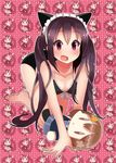  all_fours animal_ears bad_id bad_pixiv_id barefoot bikini black_hair blush breasts cat_ears cat_tail character_doll cleavage fang frilled_bikini frills front-tie_top headdress hirasawa_yui k-on! kuzu_kow looking_at_viewer medium_breasts nakano_azusa open_mouth purple_eyes solo swimsuit tail twintails 