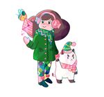  :&lt; angry artist_name bee bee_(bee_and_puppycat) bee_and_puppycat bell brown_hair bug buttons closed_mouth coat creature earmuffs envelope full_body hat height_difference holding_hands insect jingle_bell long_hair long_sleeves mittens mouth_hold natasha_allegri puppycat scarf simple_background smile standing v-shaped_eyebrows white_background |_| 