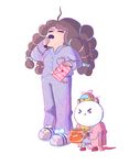  :&lt; :d ahoge animal animal_on_head artist_name bee bee_(bee_and_puppycat) bee_and_puppycat bell brown_hair bug closed_eyes envelope full_body garfield garfield_(character) hair_ribbon insect jingle_bell long_hair natasha_allegri on_head open_mouth pajamas puppycat ribbon robe simple_background slippers smile standing striped striped_pajamas white_background yawning 
