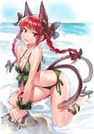  animal_ears bikini bow braid breasts cat_ears cat_tail cleavage collarbone duplicate extra_ears front-tie_bikini front-tie_top green_bikini hair_bow high_heels kaenbyou_rin long_hair looking_at_viewer matsuda_(matsukichi) medium_breasts multiple_tails navel nekomata parted_lips pose red_eyes red_hair side-tie_bikini solo swimsuit tail touhou twin_braids v_arms water wrist_cuffs 