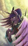  armor cloud crown ear_piercing equine feathers female feral flying friendship_is_magic fur hair horn horse jaaaaaaaz jaaaaaaaz_(artist) long_hair mammal multi-colored_hair my_little_pony necklace outside piercing pony purple_eyes purple_fur purple_hair sky smile solo twilight_sparkle_(mlp) winged_unicorn wings 