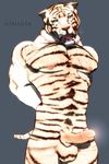  3d abs anthro arms_behind_back balls biceps big_muscles black_fur blue_eyes body_markings erection fangs feline fur humanoid_penis iomar leaking looking_at_viewer male mammal markings muscles nipples nude open_mouth pecs penis pink_nose plain_background pose precum sheath solo standing stripes teeth tiger tongue tongue_out whiskers white_fur white_tiger 