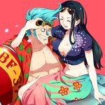  1girl black_hair blue_eyes blue_hair blush bottle breast_press breasts cleavage closed_eyes couple cyborg extra_arms eyewear_on_head franky glasses goggles goggles_on_head grin guttary happy hetero large_breasts long_hair midriff muscle navel nico_robin one_piece open_clothes open_mouth open_shirt petals pompadour red_background scar shirt short_hair simple_background sitting sitting_on_person smile spiked_hair sunglasses 