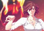  &gt;:) aozaki_touko blurry breasts cigarette cleavage depth_of_field fire floating_hair hair_between_eyes jewelry kara_no_kyoukai looking_at_viewer medium_breasts motion_blur necklace parted_lips ponytail red_eyes red_hair shirt smile solo uchida_shiki upper_body v-shaped_eyebrows white_shirt 