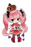  1girl bangs belt boots bow capelet chibi crown fur_trim hands_on_hips heart highres koyubisennti long_sleeves one_piece perona pink_hair red_shoes shueisha skirt solo striped_legwear twintails 