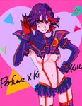  barizougon blue_eyes blush breasts kill_la_kill matoi_ryuuko medium_breasts multicolored_hair navel perfume revealing_clothes senketsu short_hair solo suspenders two-tone_hair underboob 