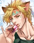  animal_ears blonde_hair caesar_anthonio_zeppeli can cat_ears cat_food facial_mark green_eyes headband jojo_no_kimyou_na_bouken kemonomimi_mode koziraizu male_focus solo 