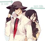  1girl alto_clef black_hair blue_eyes brown_hair character_name coat couple directional_arrow gloves grin hat_over_eyes headset height_difference jotman lips long_hair necktie open_mouth parted_lips popped_collar scp-336 scp_foundation sharp_teeth smile teeth 