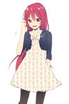  bad_id bad_pixiv_id blush dress free! hair_twirling jewelry long_hair matsuoka_gou necklace open_mouth pantyhose print_dress red_hair sakuragi_yuzuki smile solo standing 