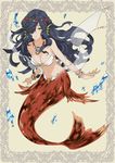  black_hair bracelet breasts cleavage gj hair_ornament hair_over_one_eye jewelry large_breasts long_hair mermaid monster_girl necklace original shell shell_bikini solo water yellow_eyes 