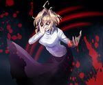  arcueid_brunestud bad_id bad_pixiv_id banned_artist blonde_hair blood breasts covering_face crazy_eyes dark_persona dress hair_intakes large_breasts long_dress melty_blood messy_hair red_sclera sharp_teeth short_hair slit_pupils solo sweater teeth tsukihime turtleneck warcueid yellow_eyes yusano 