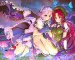  bad_id bad_pixiv_id barefoot black_gloves blue_eyes blush braid breasts bug butterfly fingerless_gloves flower frills gloves hat hong_meiling insect izayoi_sakuya knife large_breasts long_hair maid maid_headdress multiple_girls red_hair repi shoes short_sleeves silver_hair single_shoe sitting smile thighs too_many too_many_frills touhou twin_braids water yuri 