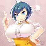  ahoge blue_eyes blue_hair blueberry_(5959) breasts character_request hand_on_hip index_finger_raised large_breasts short_hair solo 