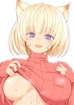  animal_ears blonde_hair breasts clothes_lift covered_nipples facial_mark fang fangs large_breasts long_sleeves looking_at_viewer makabe_gorou open_mouth original purple_eyes ribbed_sweater shirt_lift short_hair simple_background smile solo sweat sweater sweater_lift underboob upper_body white_background 