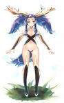  antlers blue_eyes blue_hair boots bridal_gauntlets flat_chest gen_6_pokemon highres knee_boots long_hair maebari nail_polish naso4 navel personification pokemon revealing_clothes solo tail twintails xerneas 