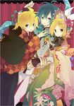  2boys akiyoshi_(tama-pete) black_gloves blonde_hair blue_eyes blue_hair bonnet brother_and_sister collaboration fingerless_gloves flower gloves hair_flower hair_ornament hairclip hat japanese_clothes kagamine_len kagamine_rin kaito kimono layered_clothing layered_kimono medal military military_uniform multiple_boys nail_polish ribbon scarf short_hair siblings twins uniform vocaloid yoshiki 