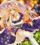  blonde_hair bodice bow breasts cleavage dress elbow_gloves eyeball frills gap gloves hair_bow hat hat_ribbon large_breasts light_particles lips long_hair looking_at_viewer marker_(medium) mob_cap multicolored multicolored_background neck_ribbon parasol parted_lips purple_eyes ribbon solo tegaki_no_yuu thighhighs touhou traditional_media umbrella very_long_hair white_gloves white_legwear yakumo_yukari 