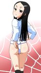  1girl ass black_eyes black_hair black_legwear from_behind fundoshi goriate hair_ornament hairclip kaibutsu_oujo long_hair looking_at_viewer nakua naqua-den socks solo standing 