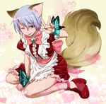  1boy animal_ears b-daman bent_over butterfly cross_fight_b-daman full_body green_eyes grey_hair homura_naoya maid maid_outfit male male_focus solo tail tongue trap v v-sign wink 