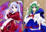  blush dress green_eyes green_hair hair_bobbles hair_ornament hat long_hair mima multiple_girls purple_eyes shinki side_ponytail silver_hair sword touhou touhou_(pc-98) weapon wings yukian 