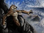  anthro biceps black_nose brown_fur canine chest_tuft claws fangs fur green_eyes male mammal mountain muscles nude open_mouth pecs pose rock sky solo tan_fur teeth tuft wolf 