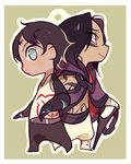  belt black_hair blue_eyes cape chain chibi cyborg dark_skin dark_skinned_male facial_mark forehead_mark jotman logo long_hair male_focus multiple_boys navel outline prosthesis scp-073 scp-076-2 scp_foundation simple_background smile standing tattoo weapon 