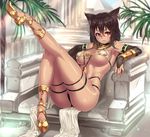  :3 animal_ears armlet armpits bare_shoulders bastet_(houtengeki) bikini black_hair blush body_jewelry bracelet bracer breasts bridal_gauntlets cat_ears dark_skin earrings egyptian egyptian_mythology elbow_gloves gloves gold_trim highres houtengeki jewelry kneepits large_breasts leg_up legs looking_at_viewer necklace original pelvic_curtain red_eyes revealing_clothes sitting smile solo swimsuit tan thick_thighs thigh_strap thighs underboob usekh_collar 
