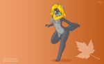  anthro areola blonde_hair blue_eyes breasts canine clitoris english_text female fur grey_fur grey_markings hair happy helsy lafille leaf mammal naval navel nipples nude open_mouth orange_background plain_background pussy raised_leg shadow solo text wallpaper wolf young 