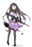  akemi_homura black_hair gun hairband highres long_hair m249 machine_gun magical_girl mahou_shoujo_madoka_magica pantyhose purple_eyes sakura_sora simple_background sketch skirt solo weapon white_background 