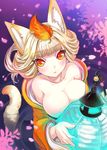  animal_ears bare_shoulders blush breasts cleavage fox_ears fox_tail hair_up japanese_clothes kaworu_(1030) kimono kongiku lantern large_breasts leaf leaf_on_head oboro_muramasa petals red_eyes silver_hair solo tail 