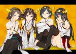  armpits black_hair blue_eyes braid brown_hair detached_sleeves frilled_skirt frills glasses hairband haruna_(kantai_collection) hexagon hiei_(kantai_collection) high_heels honeycomb_(pattern) honeycomb_background japanese_clothes kantai_collection kirishima_(kantai_collection) kongou_(kantai_collection) kurono_yuu letterboxed light_smile looking_at_viewer multiple_girls nontraditional_miko open_mouth pantyhose parted_lips purple_eyes ribbon-trimmed_sleeves ribbon_trim signature sitting skirt sleeves_past_wrists smile thighhighs wide_sleeves yellow_eyes 