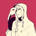  gloves hood hood_up jotman looking_at_viewer male_focus mask mask_removed monochrome parted_lips plague_doctor red red_background red_eyes scp-049 scp_foundation simple_background solo 