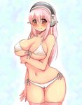  bad_id bad_pixiv_id bikini blush breasts cameltoe front-tie_top headphones large_breasts long_hair navel nitroplus pink_hair red_eyes shiny shiny_skin side-tie_bikini skindentation solo super_sonico swimsuit thigh_gap thighhighs uzuki_kouta 