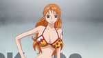  1girl animated animated_gif bare_shoulders bikini_top bouncing_breasts breasts cleavage female large_breasts long_hair lowres nami nami_(one_piece) one_piece orange_eyes orange_hair punk_hazard solo tattoo 