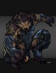 anthro armor biceps black_nose blue_eyes brown_fur canine claws crouching fangs fur grin kneeling looking_at_viewer male mammal muscles pecs pose purple_fur smile solidasp solo teeth toe_claws warrior wolf 