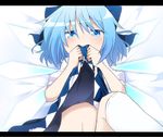  blue_dress blue_eyes blue_hair blush bow cirno covering_mouth do_(4-rt) dress dress_lift hair_bow ice ice_wings leg_up letterboxed looking_at_viewer midriff out-of-frame_censoring puffy_sleeves shirt short_sleeves solo touhou wings 