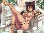  bastet bikini black_hair blush breasts brown_hair cat_ears cat_smile catgirl clothed clothing ear_piercing egyptian elbow_gloves feline female gloves hair houtengeki jewelry mammal original piercing red_eyes short_hair sitting skimpy smile solo swimsuit underboob 