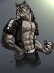  anthro belt biceps black_nose brown_fur bulge canine chest_tuft claws clothing fur green_eyes grey_fur male mammal muscles open_shirt pants pawpads paws pecs pose shirt solo standing tan_fur toned tuft whiskers wolf 