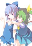  arm_up blue_eyes blue_hair blush bow cirno closed_eyes daiyousei dress fairy_wings green_hair hair_bow hair_ribbon highres hug hug_from_behind koshinaka-zz looking_at_viewer multiple_girls open_mouth ribbon short_hair short_sleeves side_ponytail simple_background touhou white_background wings 