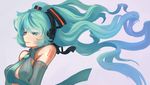  1girl aqua_eyes aqua_hair arceonn breasts detached_sleeves hair_ornament hatsune_miku headphones long_hair necktie solo tattoo twintails very_long_hair vocaloid 