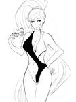  bad_id bad_pixiv_id banned_artist breasts cleavage eyewear_removed hand_on_hip high_ponytail hilda_(under_night_in-birth) holding holding_eyewear large_breasts long_hair monochrome navel one-piece_swimsuit sketch solo sunglasses swimsuit thigh_gap under_night_in-birth very_long_hair yusano 