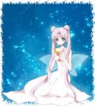  back_bow bishoujo_senshi_sailor_moon blue_background blue_eyes bow crescent double_bun dress earrings facial_mark forehead_mark full_body highres jewelry kneeling kousetsu-star long_hair maboroshi_no_ginzuishou moon_stick queen_serenity solo strapless strapless_dress twintails wand white_dress white_hair 